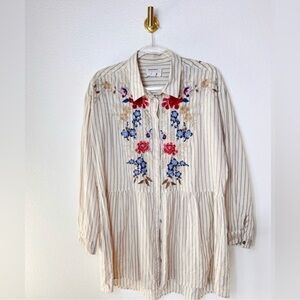 Johnny Was Stripped Embroidered Floral Button Down Tunic Top Size M
